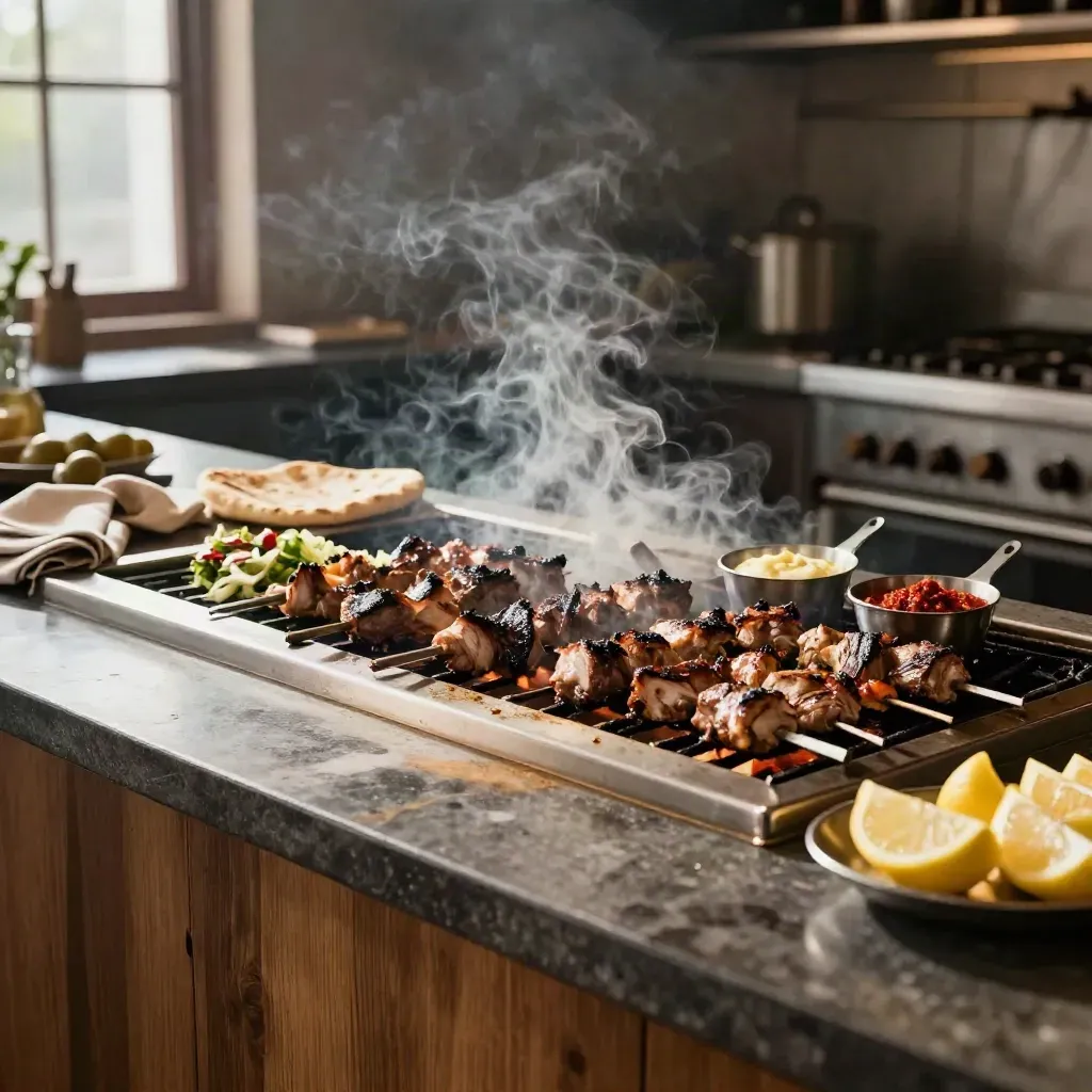 Grilled kebab platters with pitta, salad and sauce beside a glowing takeaway grill.