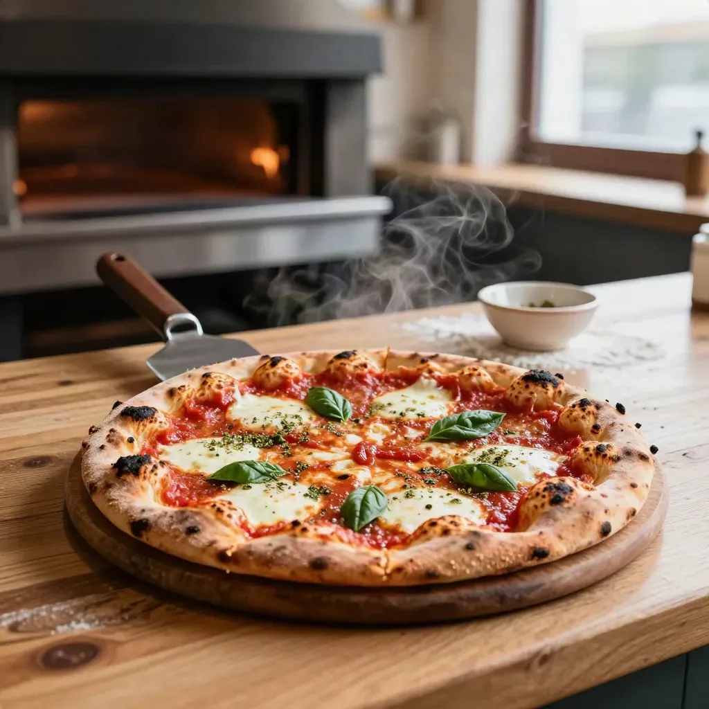 Oven-fresh pizza sliding onto a wooden board beside herbs and a salad bowl in warm light.