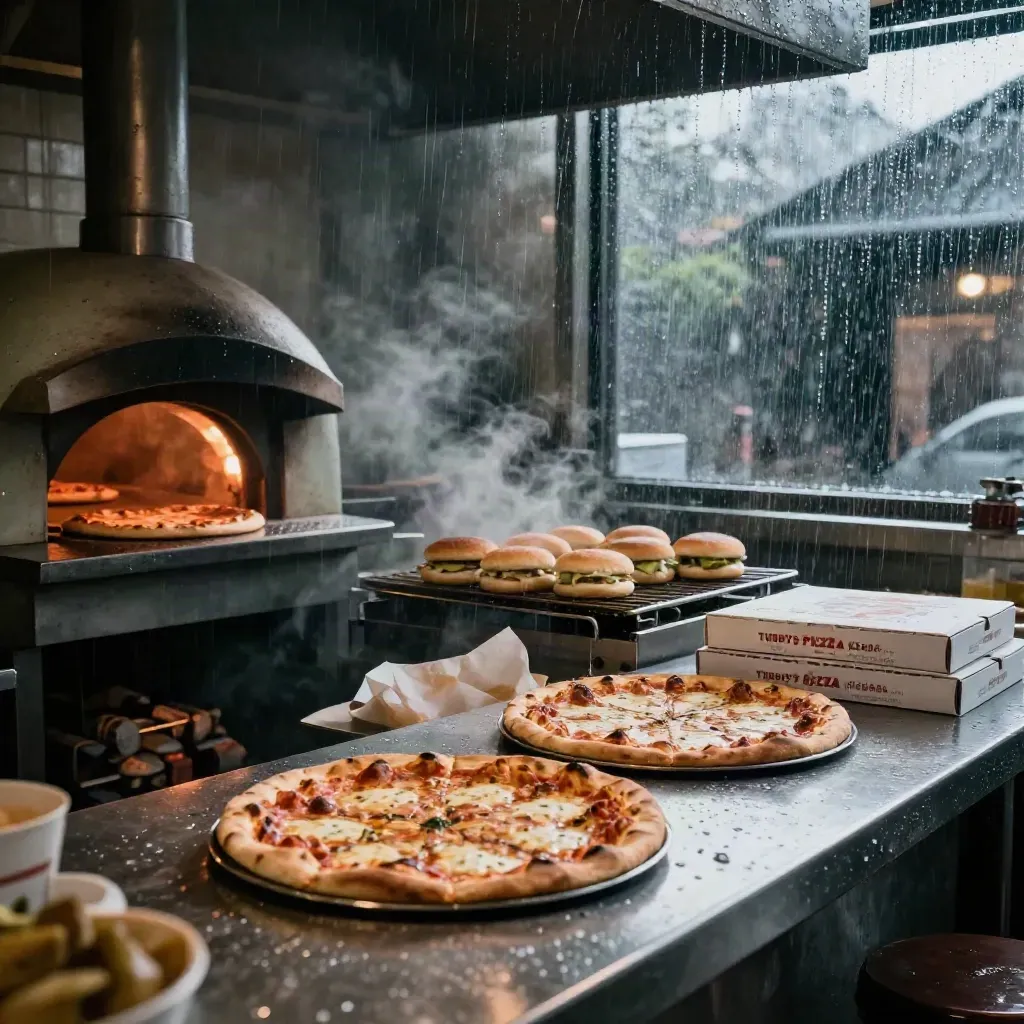 Rain-beaded takeaway counter with pizza oven, kebab grill, buns, pizzas and sealed boxes.