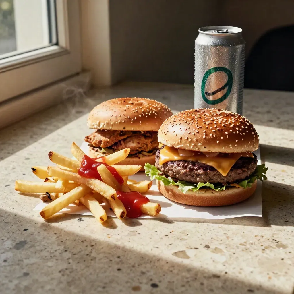 Stacked burgers, fries and a drink can landing together on pale travertine with steam and motion