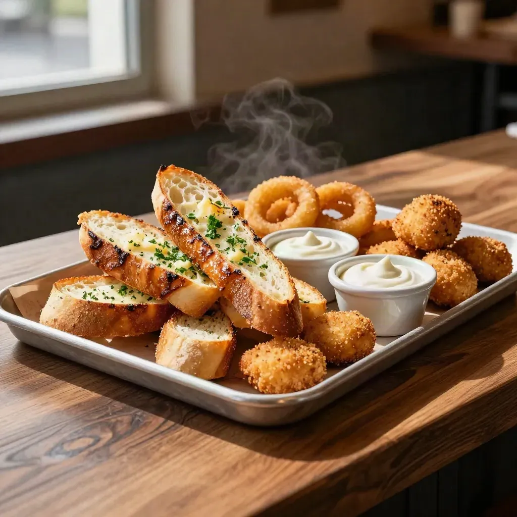 Hot sides sharing tray with chips, garlic bread, onion rings, nuggets and two dips