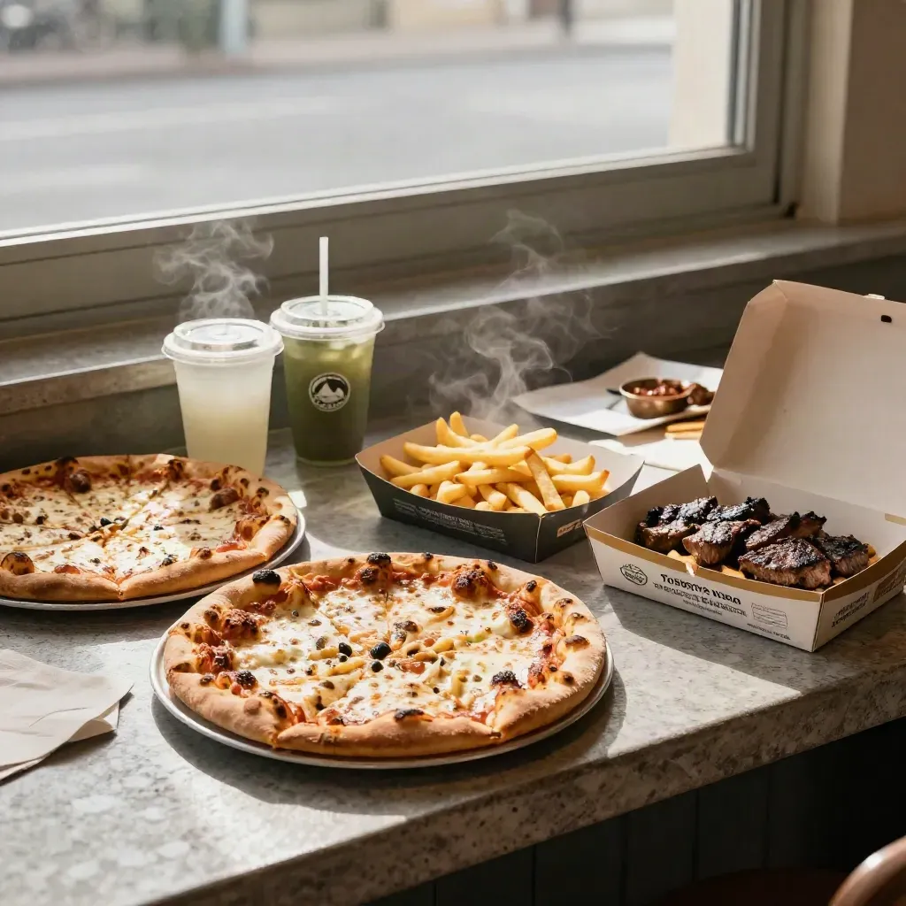 Takeaway meal deal spread with two pizzas, kebab box, fries and drinks on a counter.