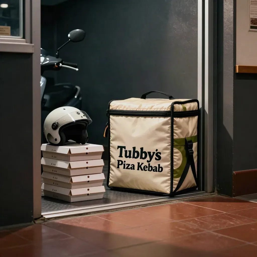 Thermal delivery bag and collection boxes by a takeaway door with a scooter helmet