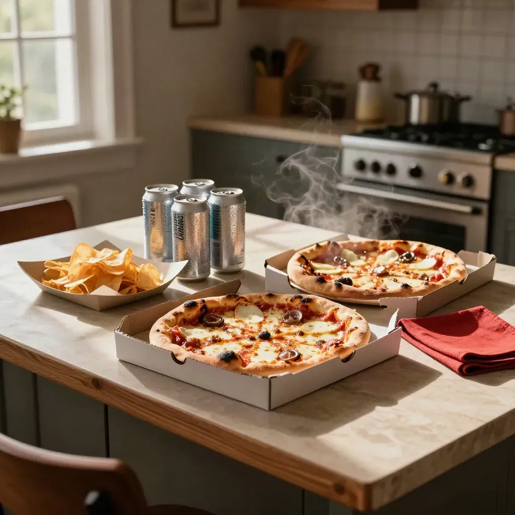 Opened pizzas, chips and drinks ready on a kitchen island in warm late-afternoon light.