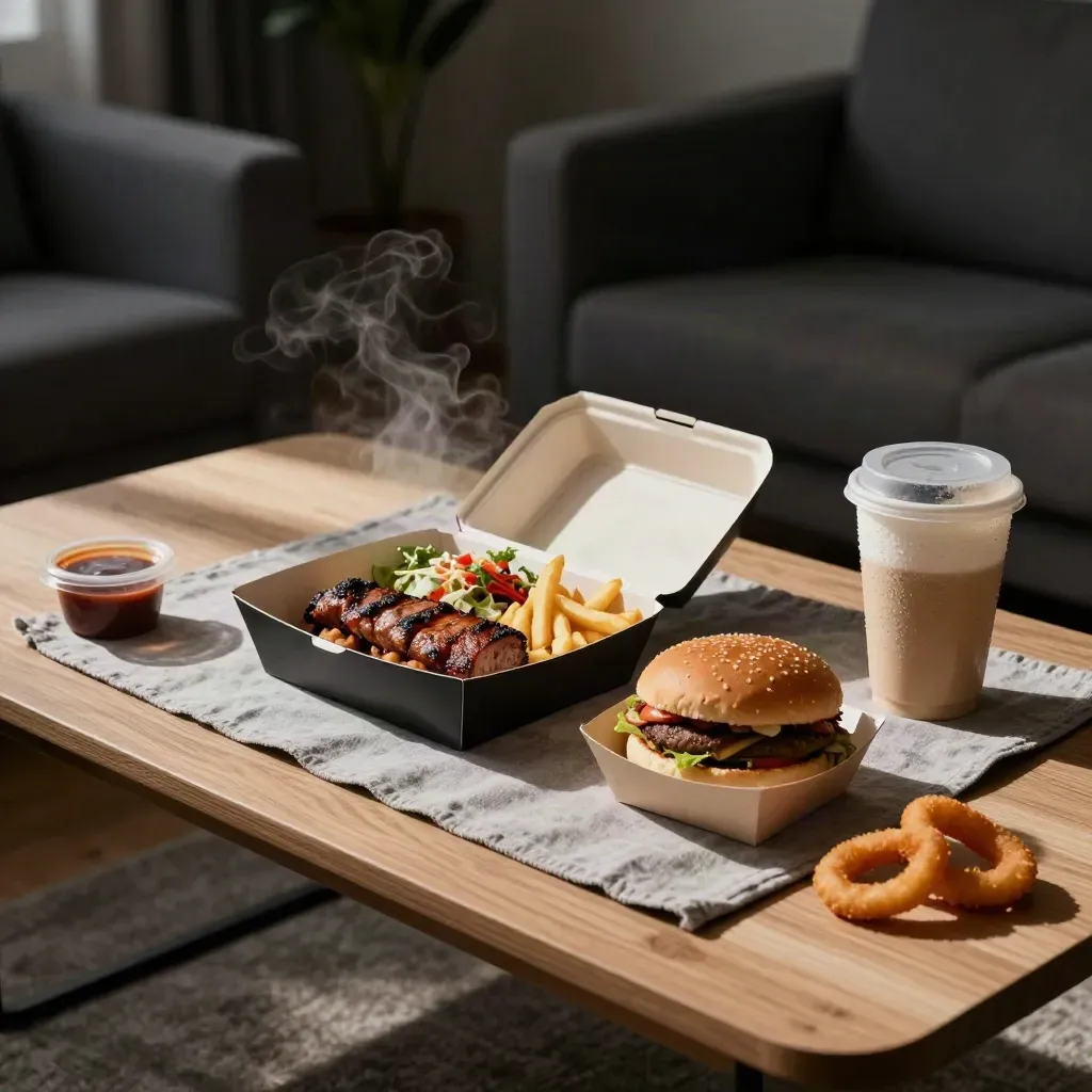 Kebab box, burger meal and sides steaming on a compact coffee table in a late-night flat.