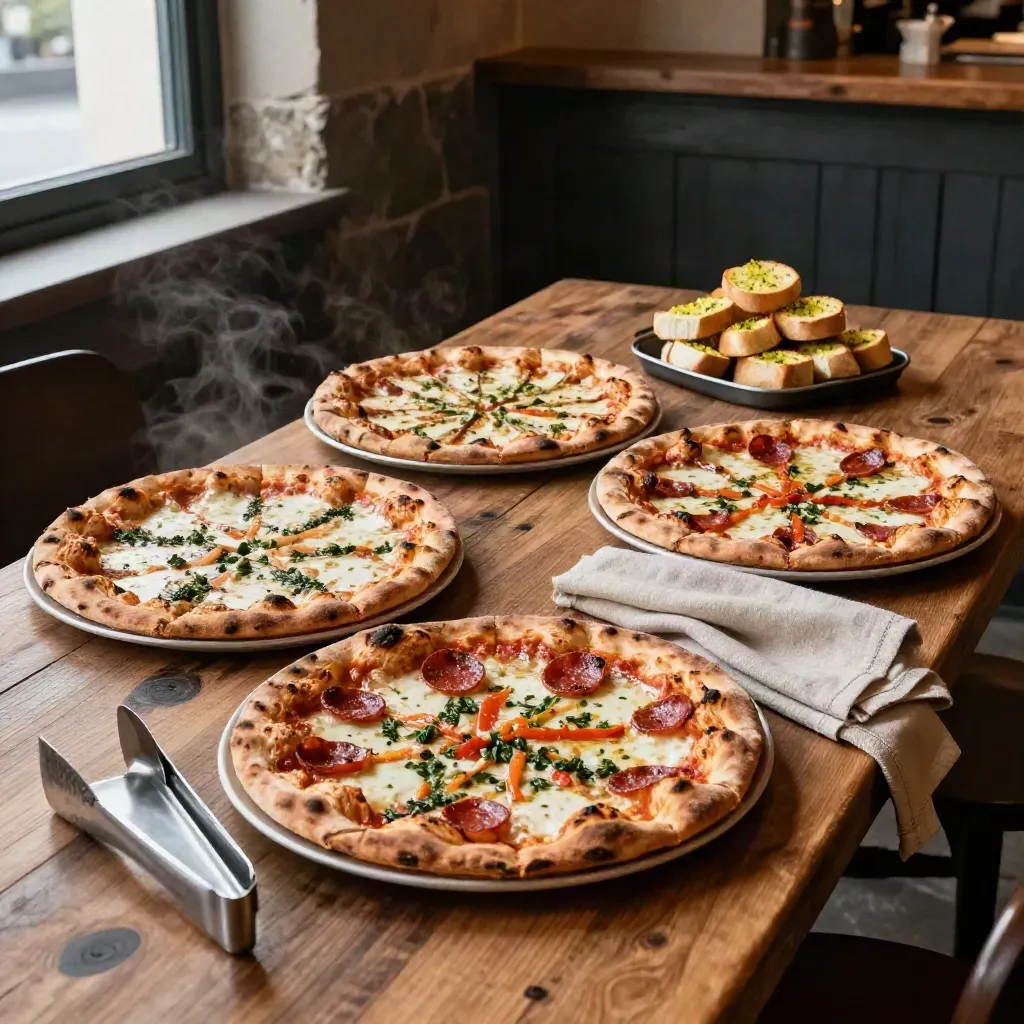 Four pizzas and garlic bread on a rustic dining surface with steam in a warm takeaway interior.