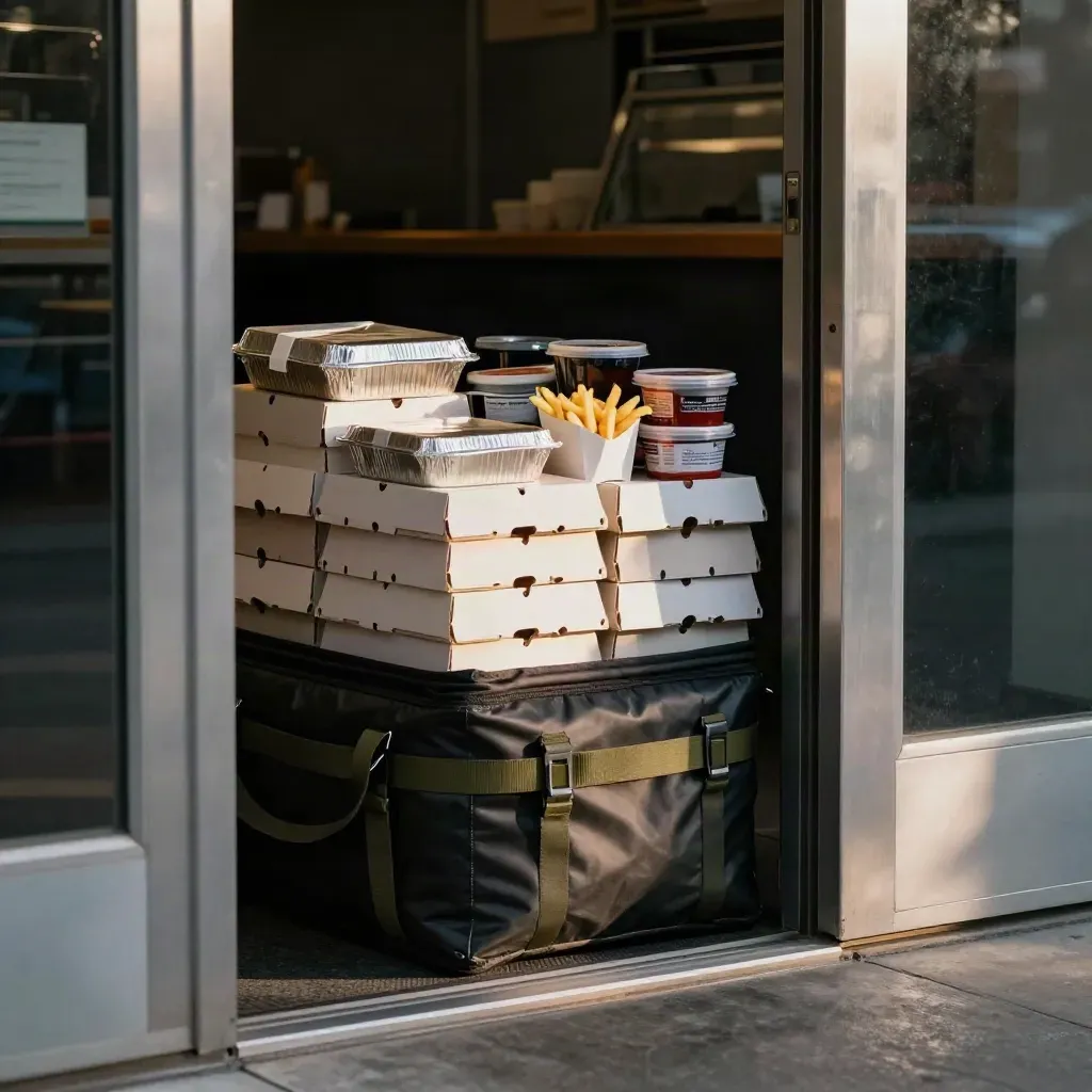 Open insulated carrier packed with kebab trays and burger boxes at a dark takeaway doorway