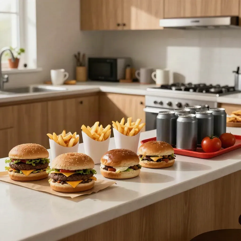 Office lunch delivery of burgers, chips, and cans on a break room counter, warm window light.