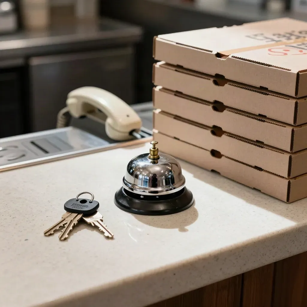 Counter bell, keyring, wall handset and sealed pizza boxes on a travertine till station.