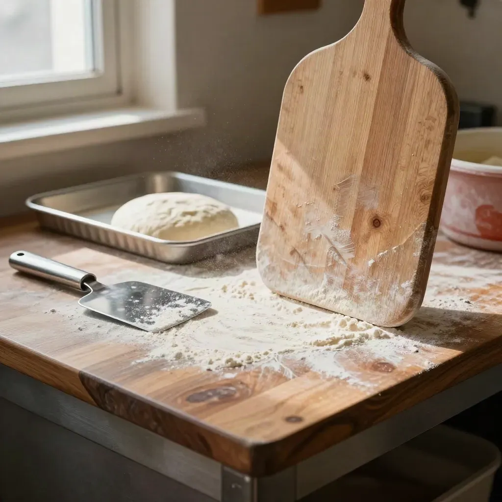 Pizzeria prep tools: sieve, scraper, proofing tray and tall pizza peel with flour dust