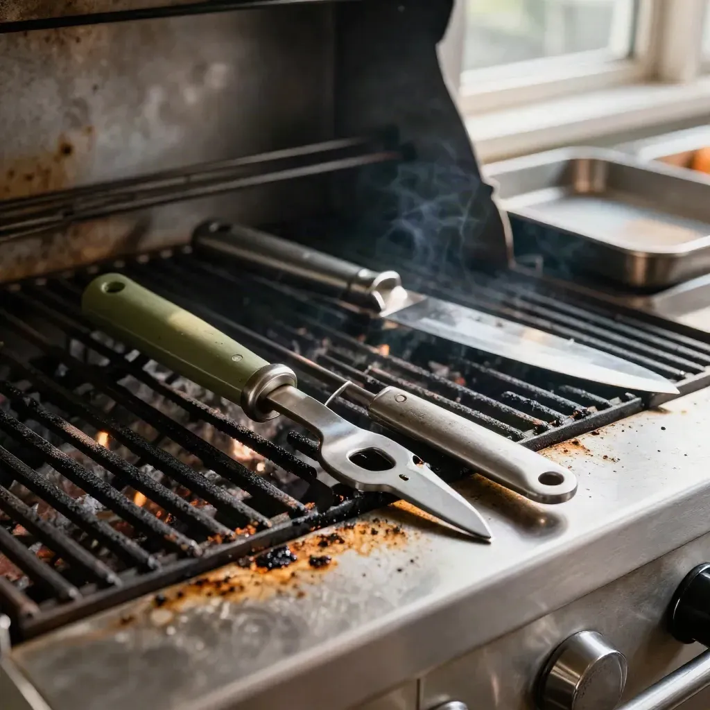 Kebab grill tools and a charred drip tray in a smoky close-up on the grill station.