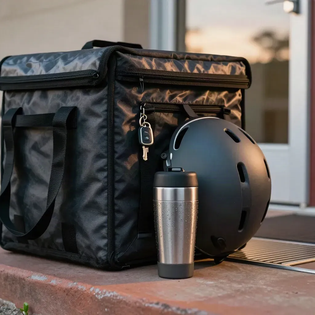 Delivery bag, helmet, key fob and drink holder waiting by a takeaway exit at dusk