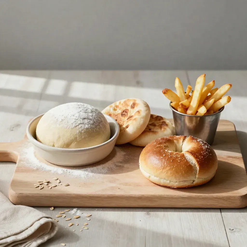 Top-down food still-life with dough, pittas, brioche bun and fries on pale wood