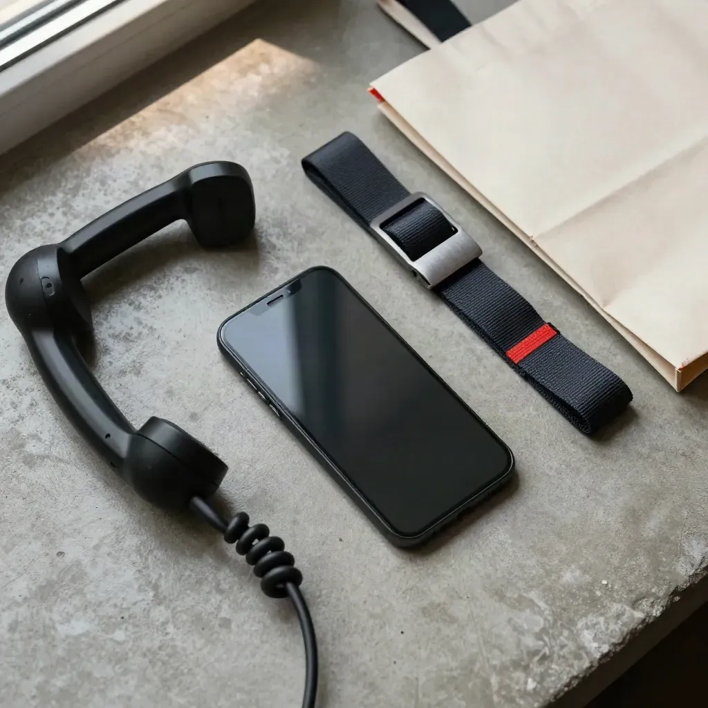 Flatlay of phone, handset cord and thermal bag strap on concrete.