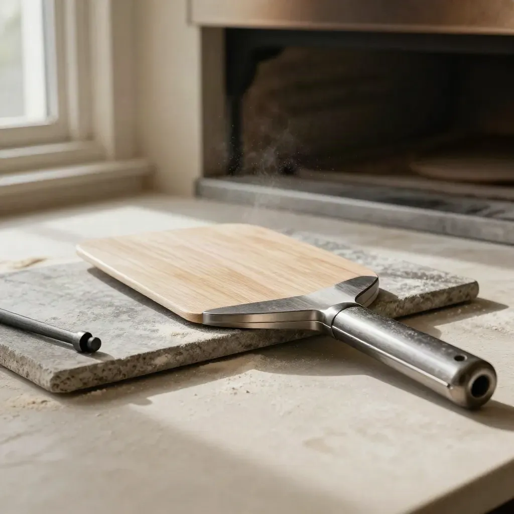 Pizza peel, dough tray, kebab skewer, and flour-dusted oven stone on a pale plaster surface.