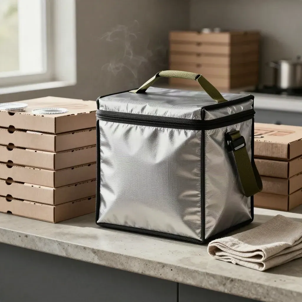 Packed takeaway order with pizza boxes, foil tubs and a thermal bag on a stone tray.