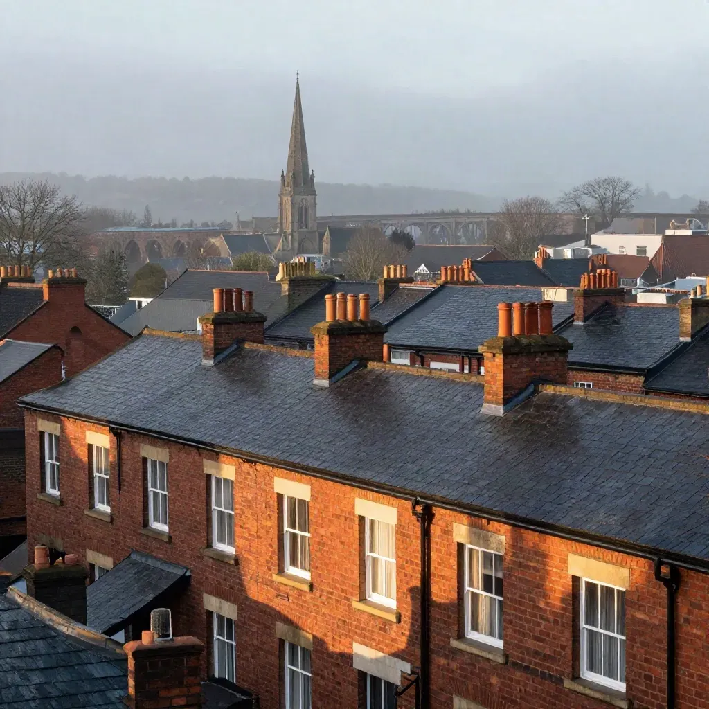 Dawn over Handsworth and Aston terraces with a viaduct and church spire in mist.