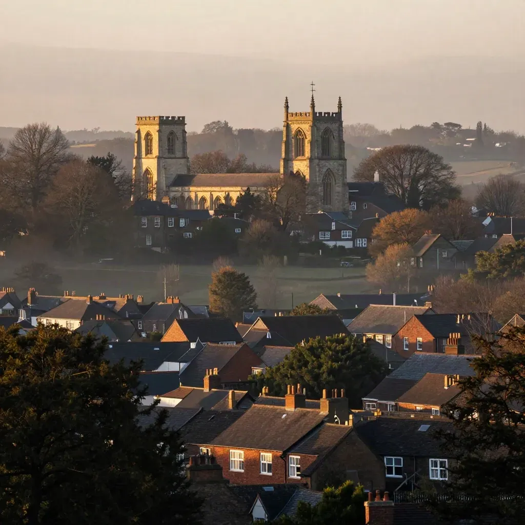 Golden-hour vista of Moseley and Sparkbrook roofs, tree lines and pale stone towers under warm haze