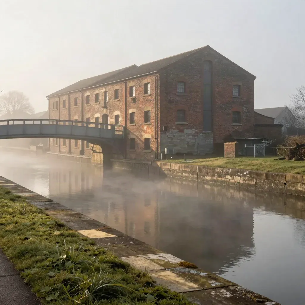 Foggy Sandwell canal warehouses and rail bridge above calm misty water, with headline space below.