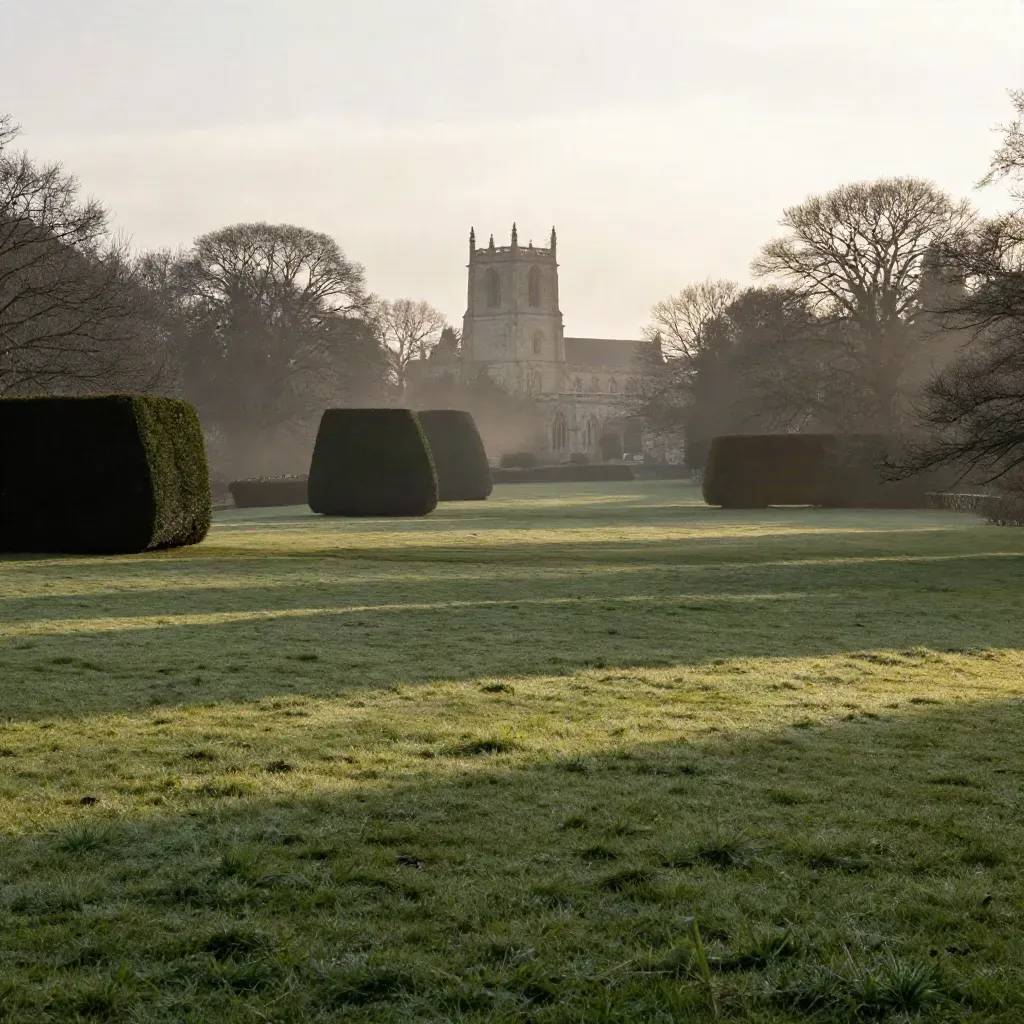 Evening Solihull parkland with hedges, lawns and a pale church in haze.